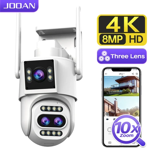 JOOAN 4K 8MP WiFi cámara de vigilancia al aire libre de tres lentes pantalla Dual Zoom óptico PTZ cámara IP seguimiento automático cámara de seguridad CCTV