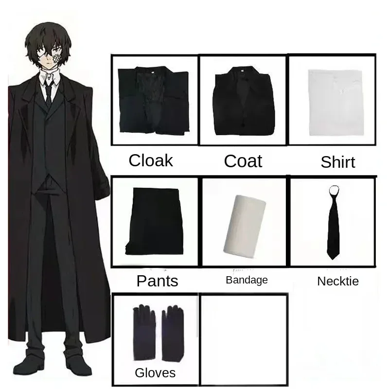Disfraz de Osamu Dazai, Bungo Stray Dogs, gabardina para hombre y mujer, trajes de uniforme negro, accesorios de peluca Unisex