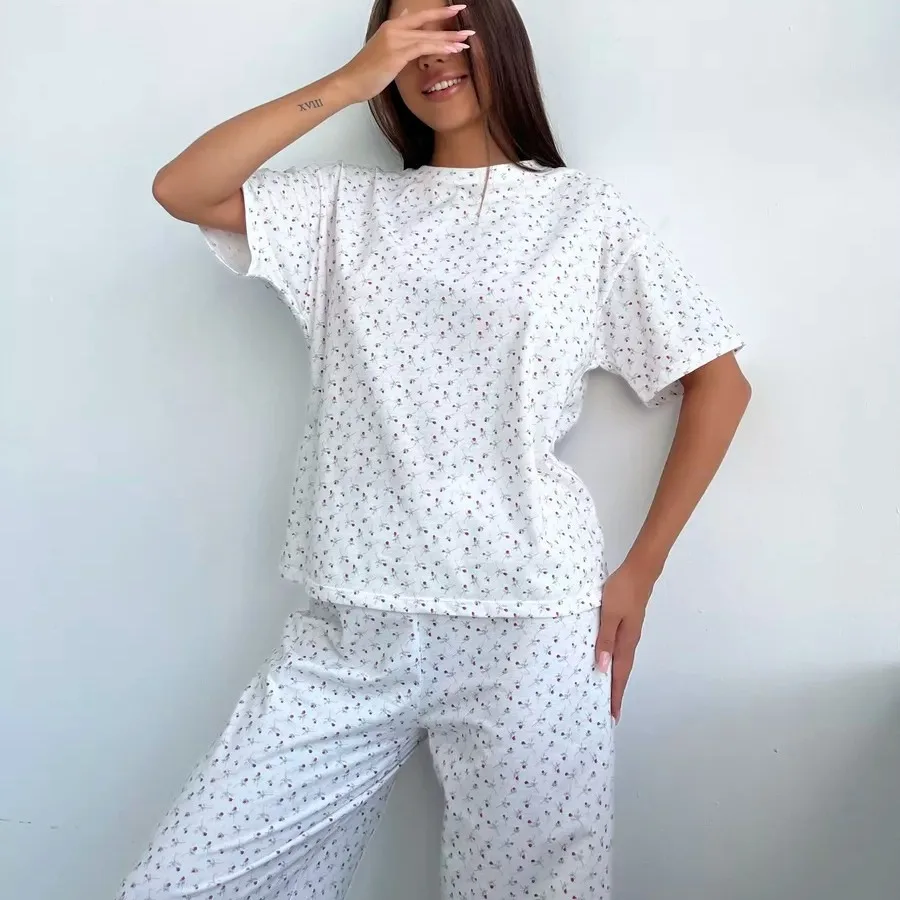 

Sexy Nightgown Women's IWomen's Heart Printed Pajamas Set For Women Sleepwear Short-sleeved Tops And Shorts Set Casual Home Wear