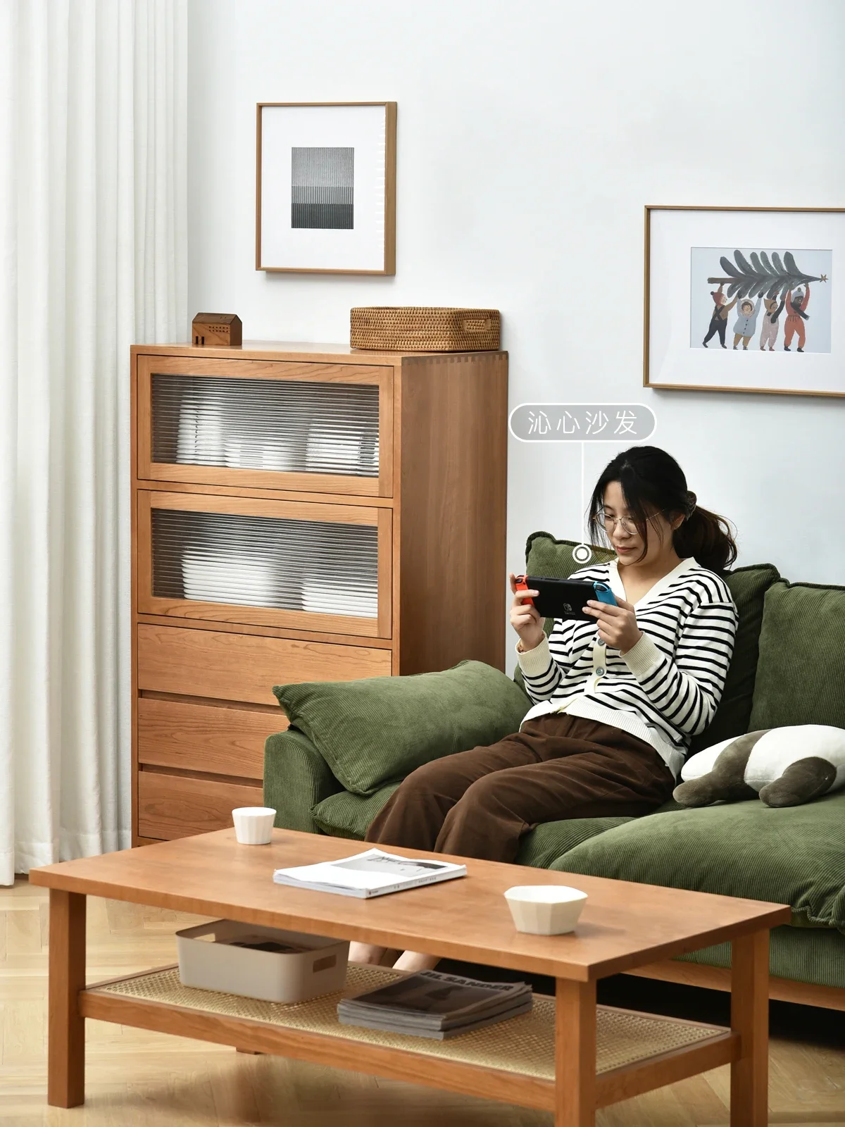 S Qiuchi خزانة جانبية الشمال خشب متين خزانة جانبية أريكة حافة Qiji Cherrywood خزانة التخزين #3