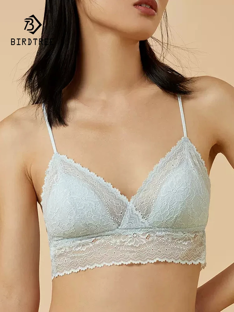 

BirdTree Lining 100%Mulberry Silk French Bra, Women's Lace Wire Free, Beautiful Back Sexy Underwear, 2024 Summer New P42851QC