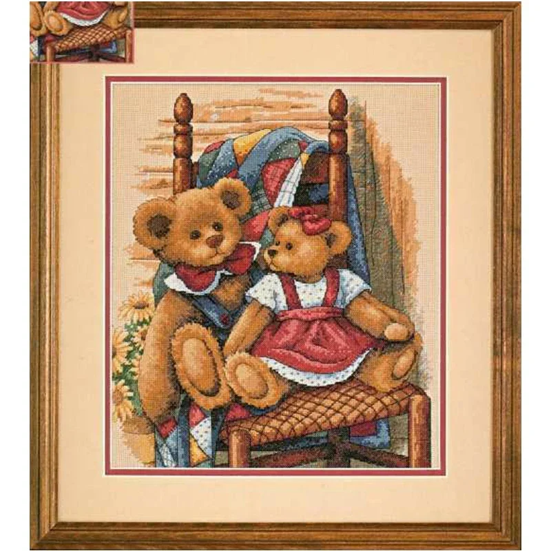 Amishop Gold Collection Lovely Counted Cross Stitch Kit Teddies on Quilt Two Bears Teddy on Chair Dim 35103