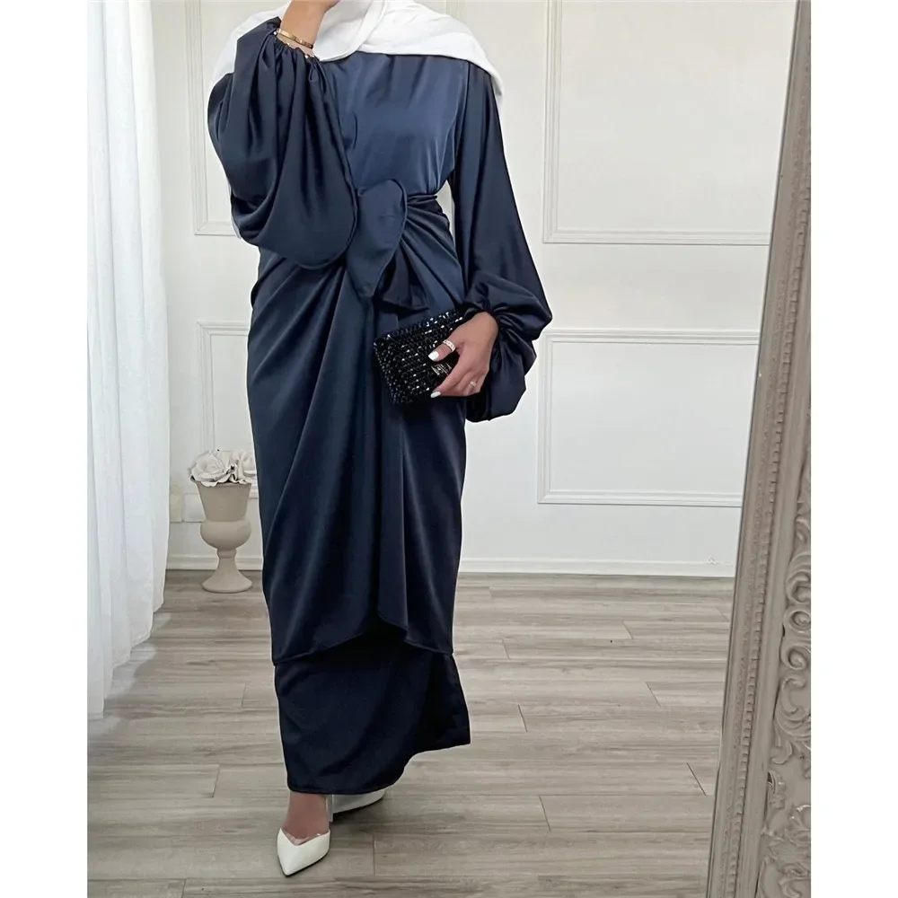 Ramadan 2 Piece Silky Satin Abaya Matching Set Muslim Women Arab Long Hijab Dress Wrap Front Skirt Dubai Modest Outfits Clothing