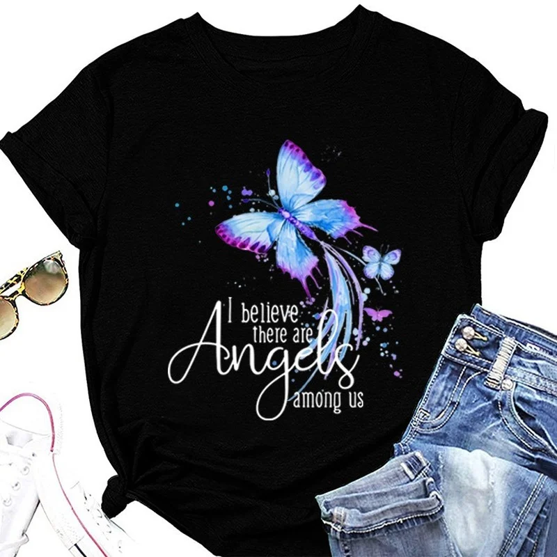 

I Believe Angels Butterfly Print Women T Shirt Short Sleeve O Neck Loose Women Tshirt Ladies Tee Shirt Tops Camisetas Mujer