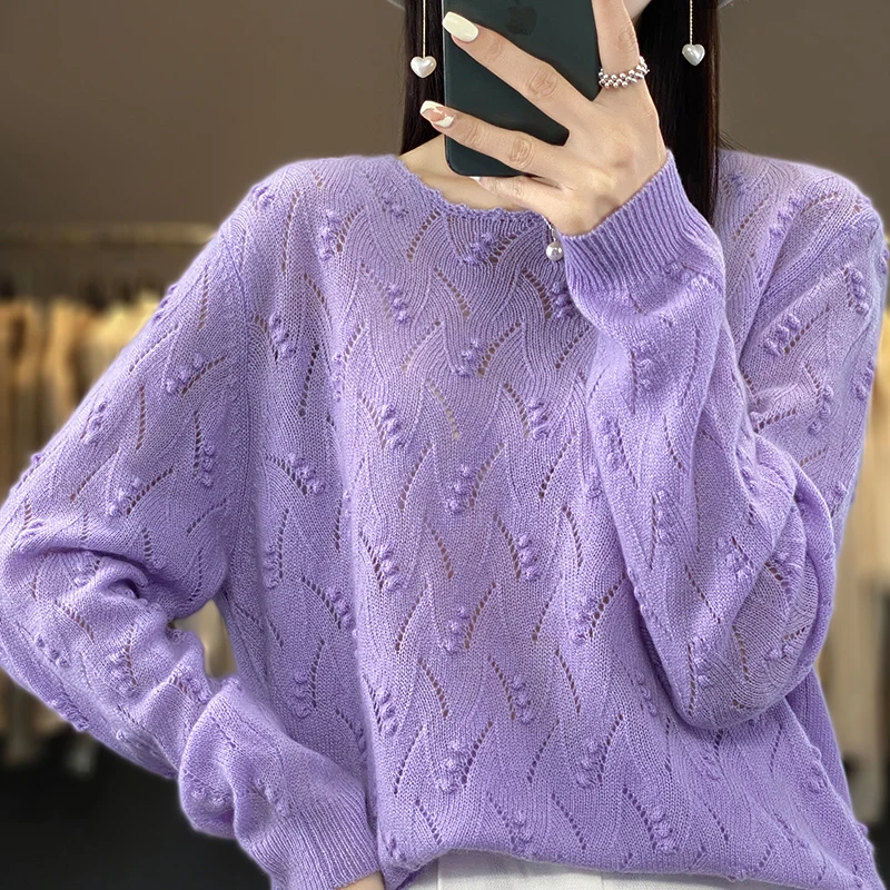 

100% pure wool autumn and winter cashmere sweater women's O-neck pullover fashion Korean version of knitted openwork top luxu