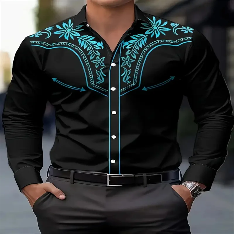 Men's Black Floral Pattern Long Sleeve Shirt - Button Neck Non Elastic Formal Casual Suit - Machine Washable Wedding Party Dress