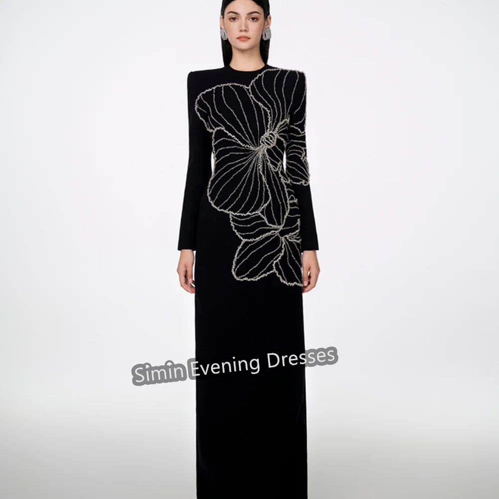 Simin Crepe Straight O-neck Beading Prom Gown Simple Floor Length Long Sleeves Arab Evening Elegant Party dresses for women 2024