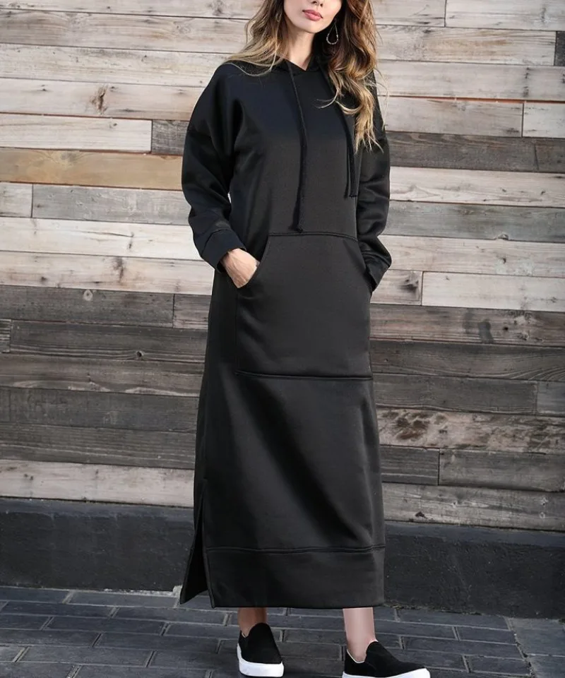 Hoodies Dress for Women Fashion  2024 Hem Lace-up Midi Robe Hooded Long Vestidos Winter Warm Casual Loose Sweatshirt Dress