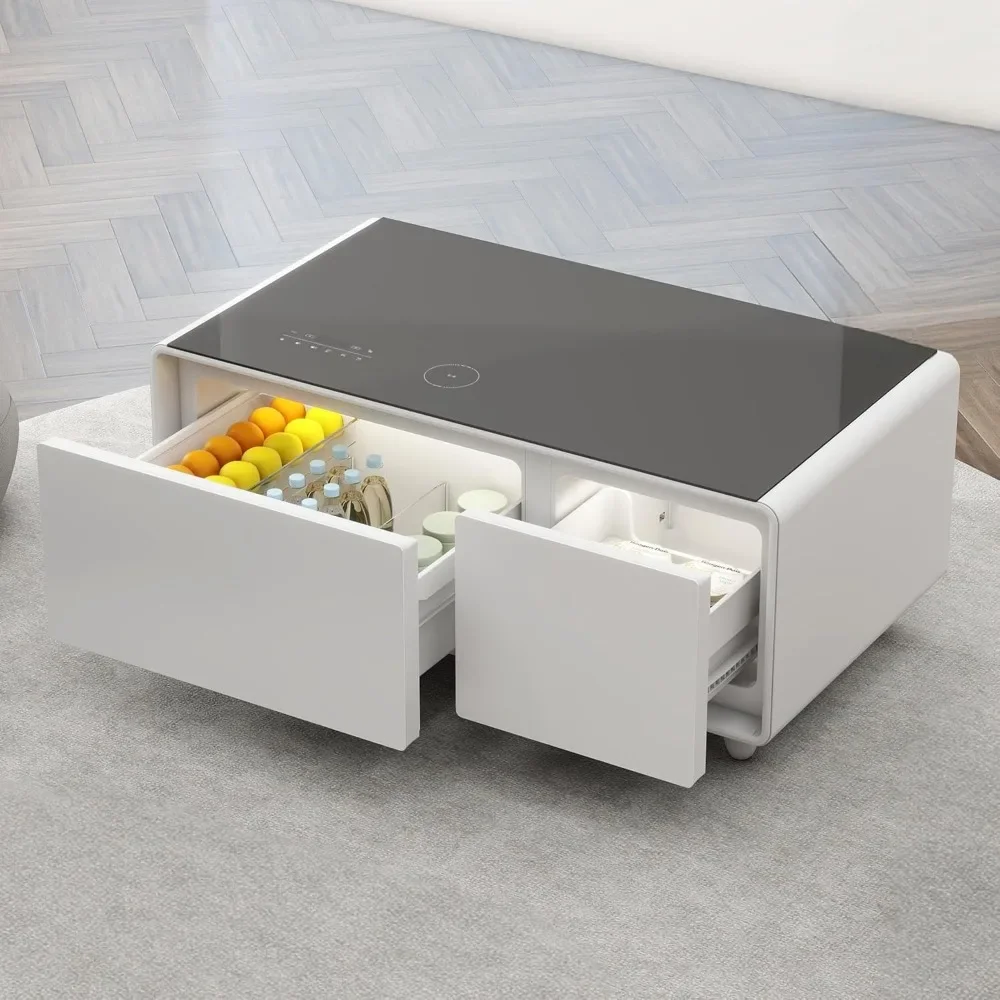 Mesa de centro inteligente con frigorífico y Bluetooth, mesa de frigorífico inteligente con altavoces duales, cargador inalámbrico de 15 W Blanco-LT90 Pro