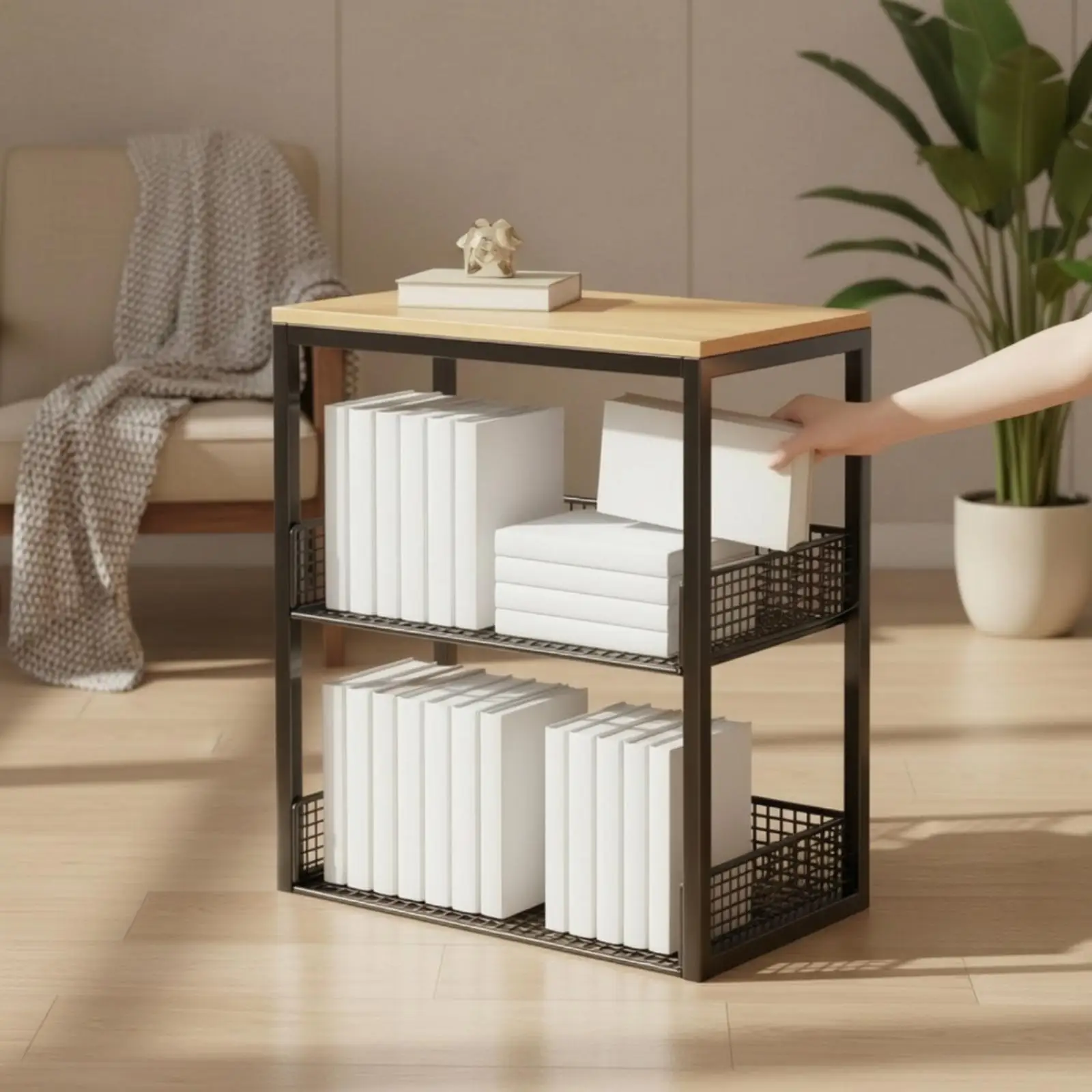 Open Wire Mesh Storage Shelf for Under Desk with Wood Look Surface and Elevated Sides for Office