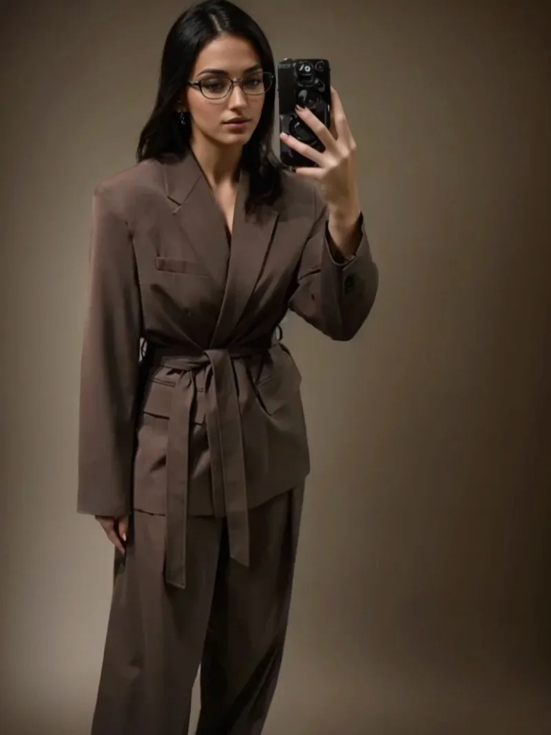 

Elegant Solid Suit Women Fashion Long Pant Sets Lapel Lace Up Long Sleeve Blazer Jacket Wide Leg Pants 2 Piece Sets Lady Outfits