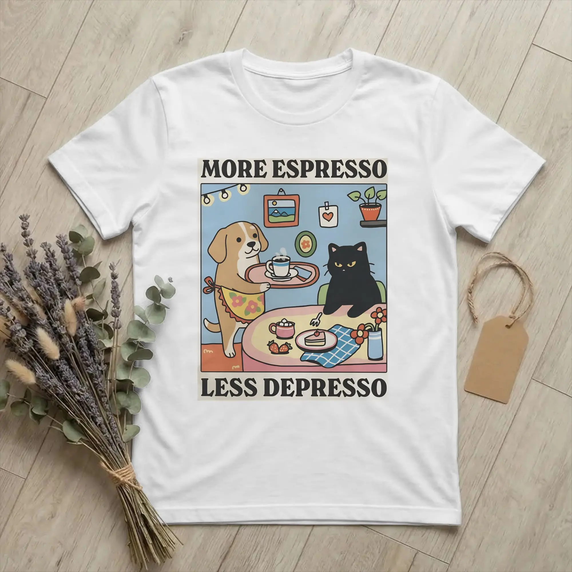 More Espresso Less Depresso T-Shirt Men Cotton Top Tee Kawaii Coffee Illustration with Dog Serving Cat  O-neck Short Sleeve