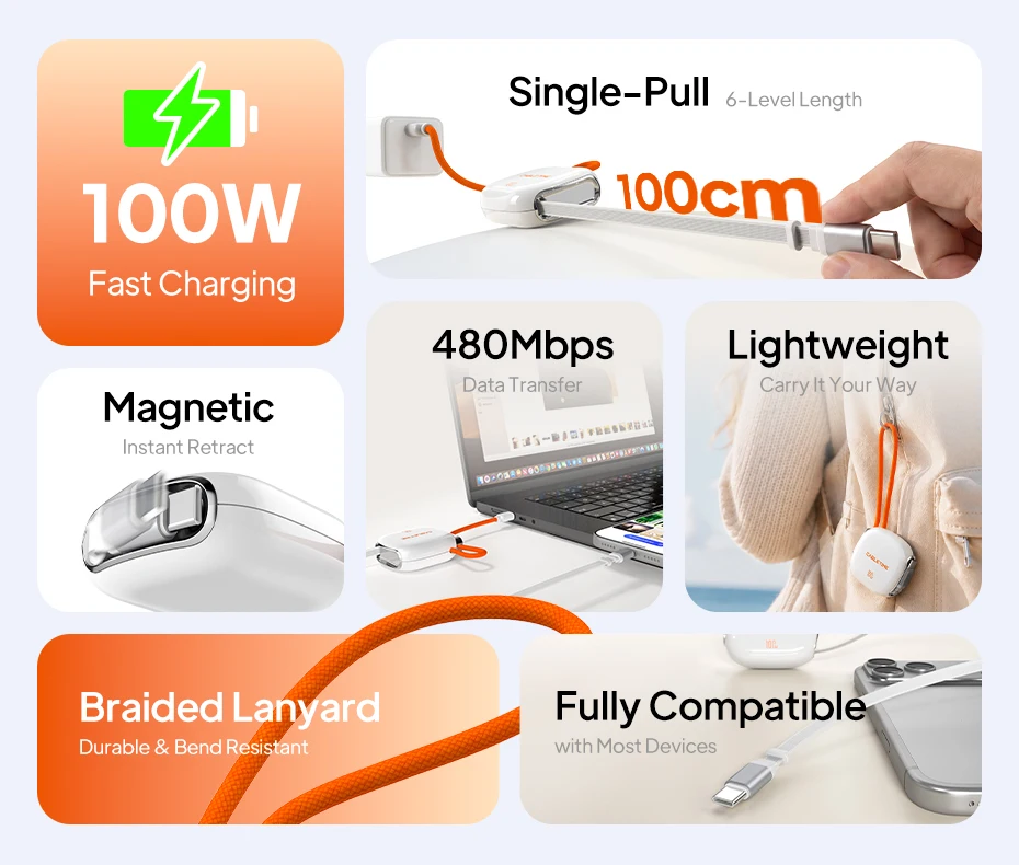 CABLETIME 100W USB-C-Kabel Datenkabel Schnellladekabel Einziehbares Typ-C-Kabel für Laptop Xiaomi iPhone 17 Pro Max Samsung S25 – Detail 2