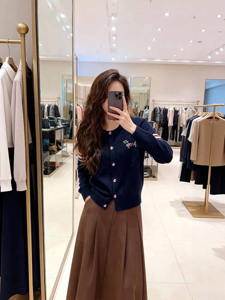 

Модный полосатый вязаный кардиган для женщин: повседневный, с вышивкой, в стиле пэчворк, с цветными блоками, в корейском стиле, открытый, топ-кардиган