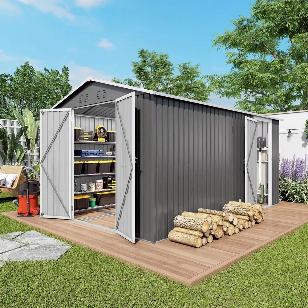 

8x12.2x6.6 ft Outdoor Storage Shed with Floor, 584 CU.FT Metal Shed with Sloping Roof, Lockable Doors, Air Vent, Weatherproof Ga