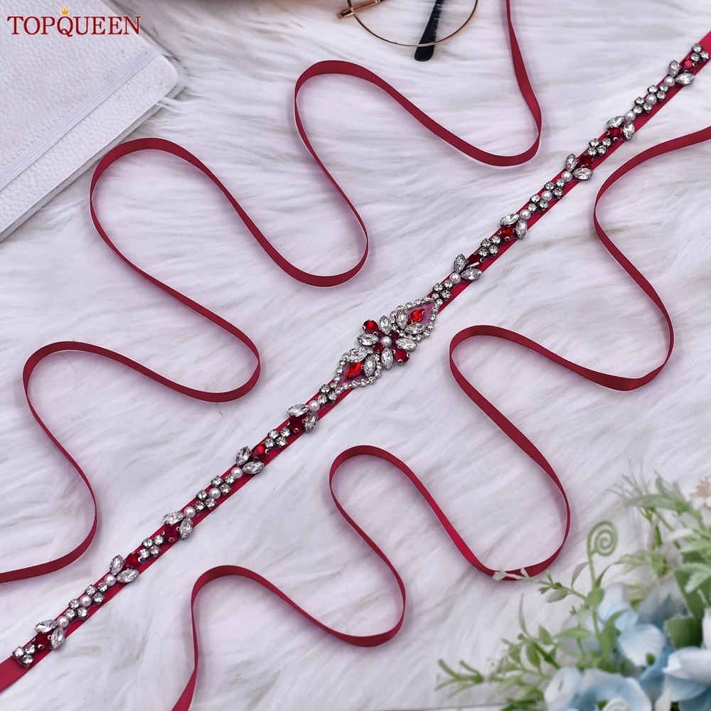 TOPQUEEN Red Rhinestone Bridal Belt Sash Wedding Belt Red Evening Gown Waist Decoration Wedding Accessories Bridesmaid Gift S09