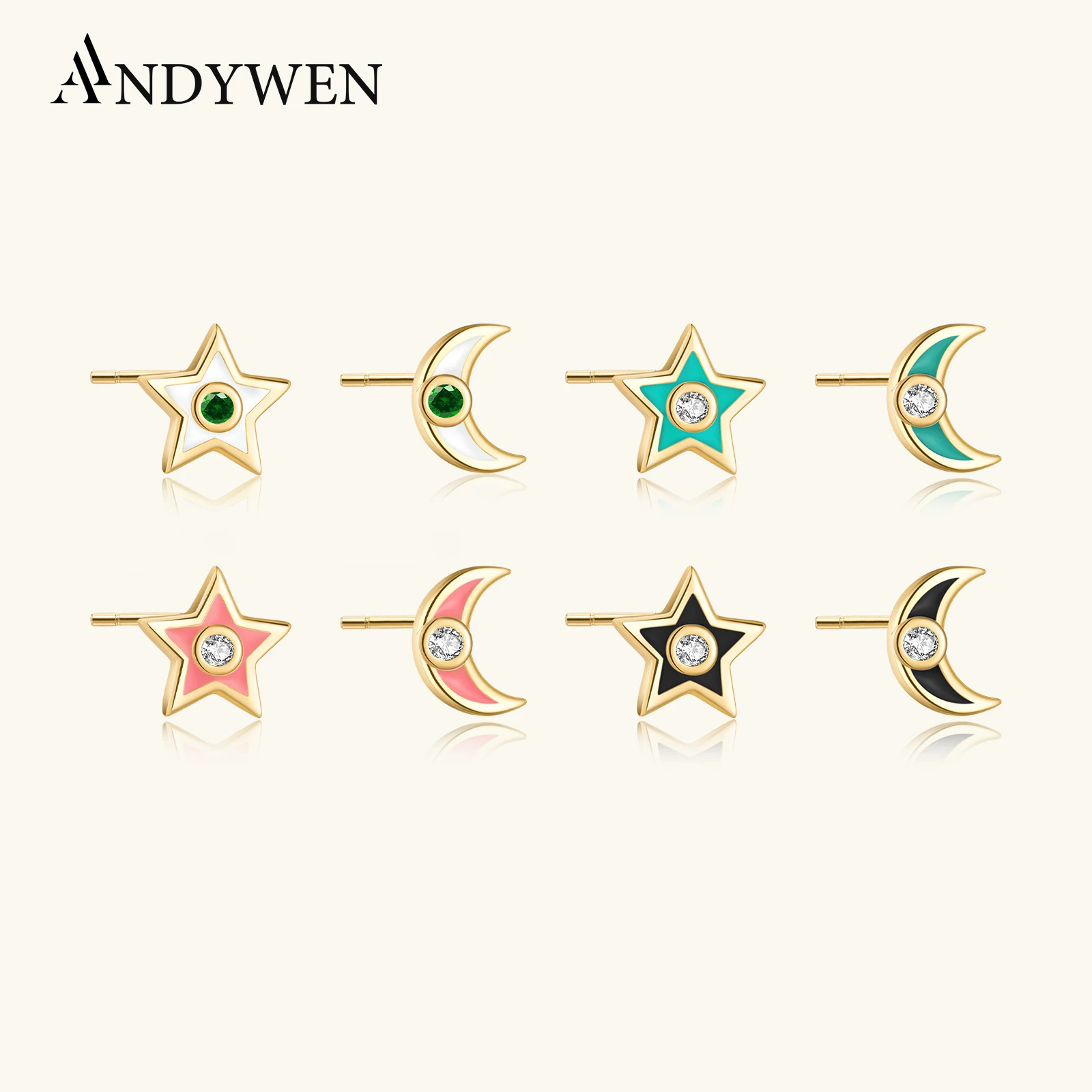 

ANDYWEN 925 Sterling Silver Gold Four Color Moon Star Stud Earring White Black Pink Turquoise Women Piercing Pendientes Clips