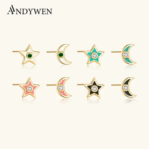 ANDYWEN 925 Sterling Silver Gold Four Color Moon Star Stud Earring White Black Pink Turquoise Women Piercing Pendientes Clips