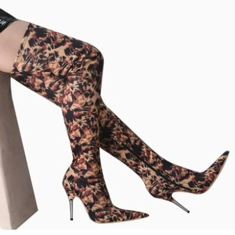 Brown Floral Print Satin Extra Pointed Toe Over The Knee Boots Metal Thin Heels Slim Stretch Thigh Long Modern Long Boots Women
