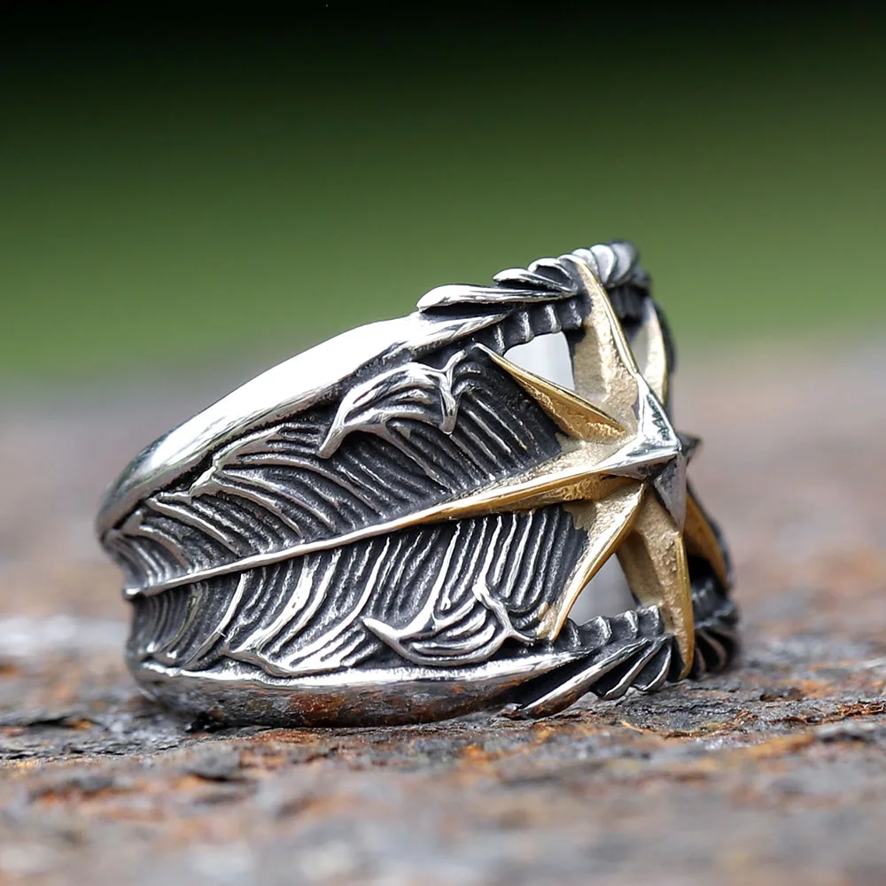 2023 Octagram Ring 316L Stainless Steel Feather Men Ring Hollow Punk Rock Rap for Biker Male Friend Jewelry Creative Gift R-1201