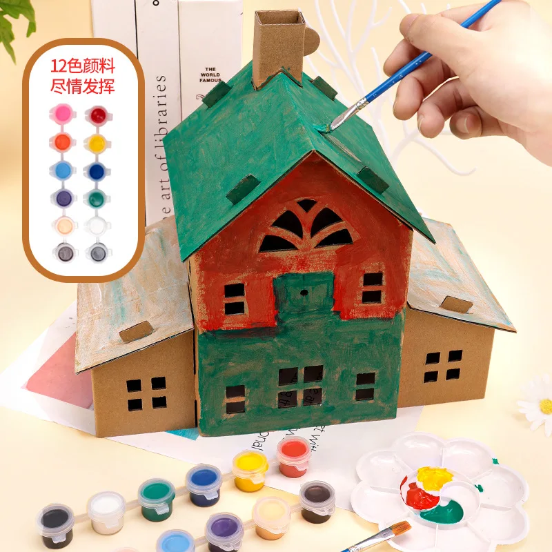 1SET Christmas DIY Paper House Multi Type Xmas Houses Tree Fence Set For Noel Home Decoration Kids DIY Painting Crafts Gifts New