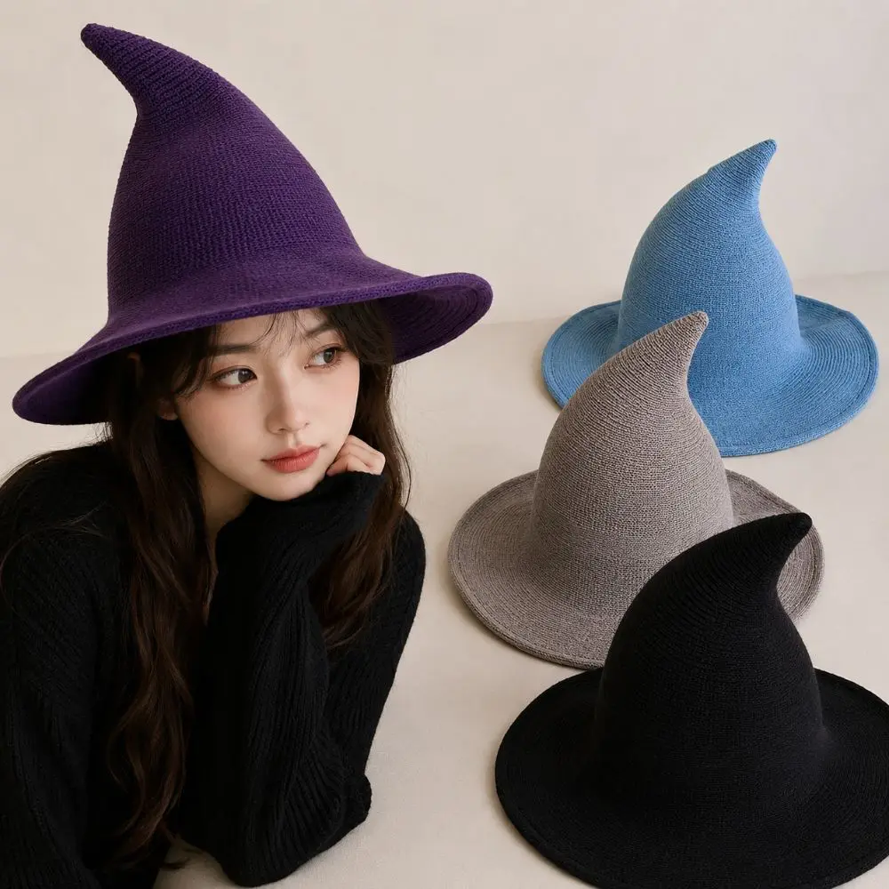 Fashionable Wool Knit Halloween Witch Hat High Quality Solid Color Party Hat Pointed Design Foldable Pointed Hat For Women