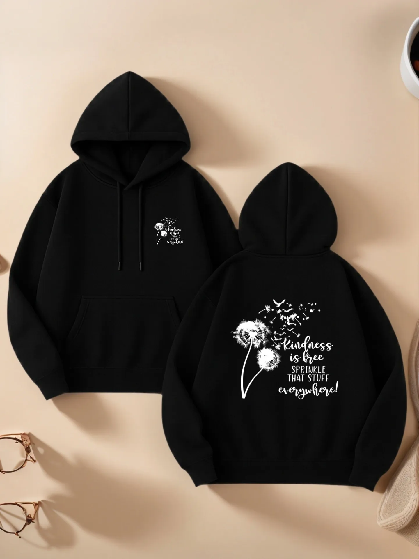 

Graphic Hoodie Women, Dandelion Print, Aesthetic Design, Cotton Blend, Casual Everyday Wear, For Young Men