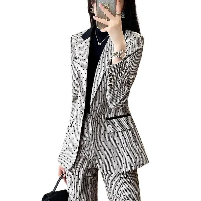 4-G1  Fashion suit for women, stylish and fashionable black and white houndstoot-piece suit, high-end light luxury women\'s c