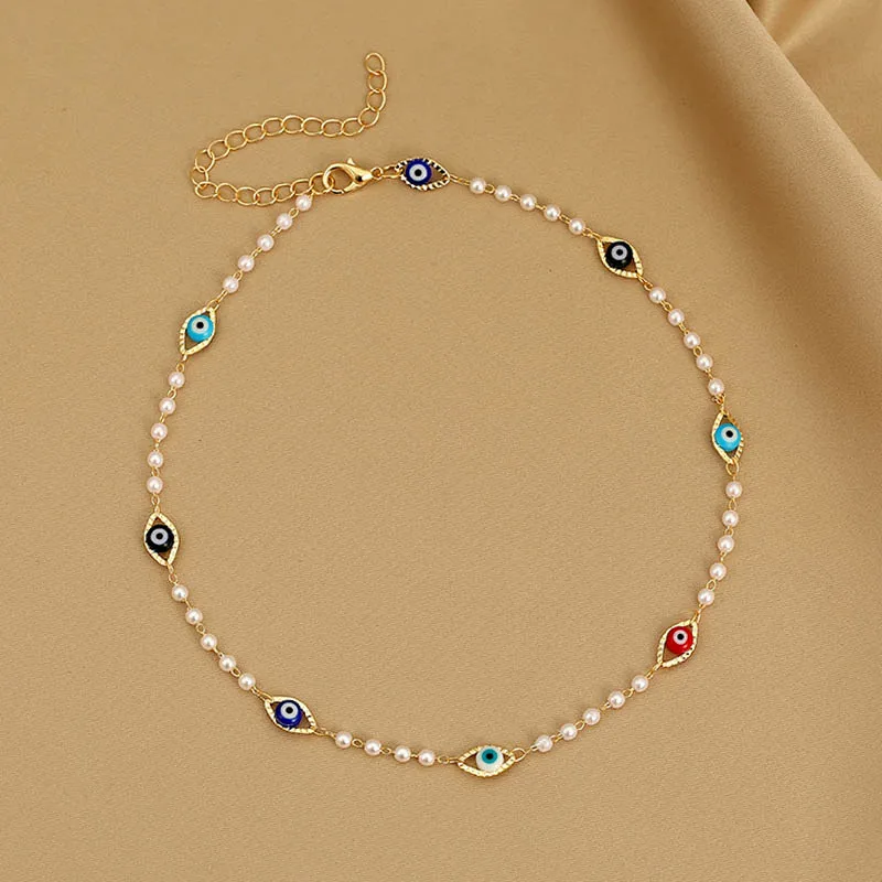 Lucky Turkish Evil Eye Choker Necklace for Women Small Pearl Chains Collar Necklace Girls Short Neck Chains Pearls Jewelry Gifts