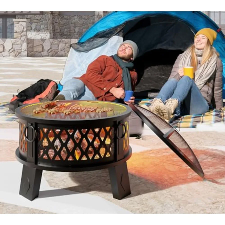 

26 Steel Fire Pit with Grill Diamond Mesh Design360 Airflow Tech for 80 Less Smoke XL Flames HeavyDuty Portable Outdoor Fire Bo