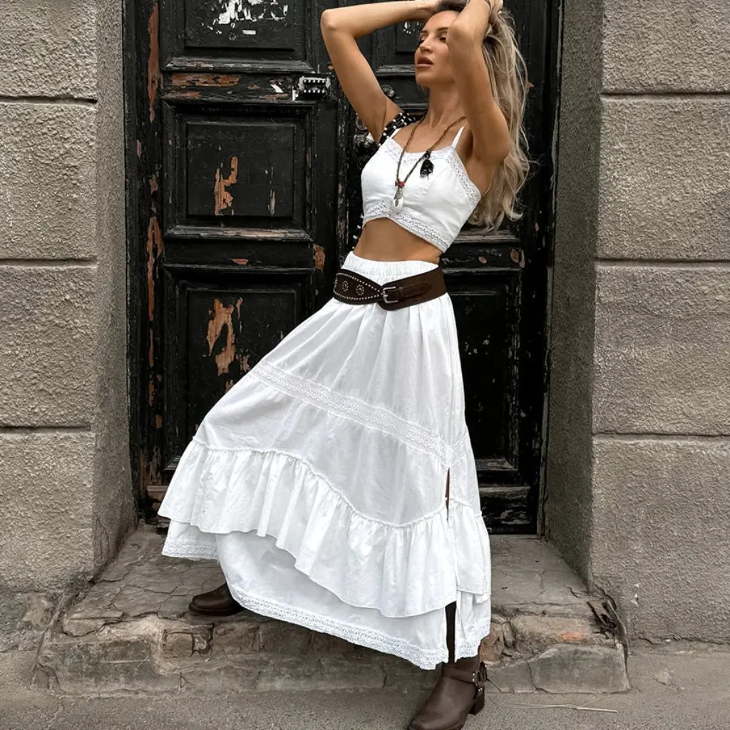 

Spring Summer Sexy White Cotton Linen Blend Sling Top with Square Collar Mid-Waist Split Skirt Two-Piece Women's Set