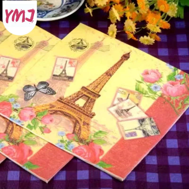 Postcard Style Dish Bone Bart Paper Butterfly Tower Print Party Decoration Disposable Paper Placemat 2-Ply 20pcs/Pac 33*33cm