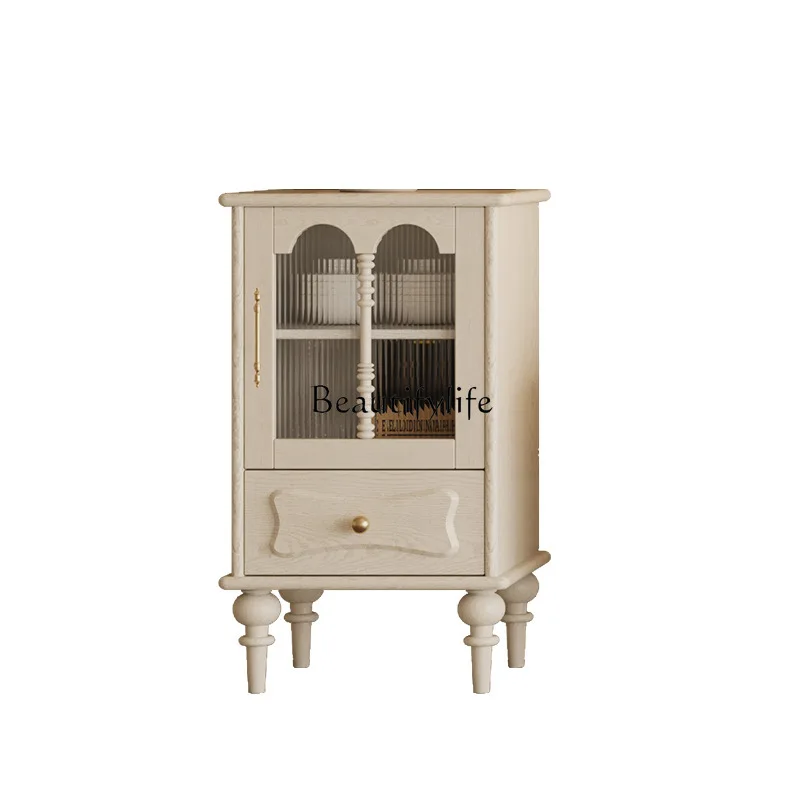 

Cream wind solid wood dining side cabinet French retro high-end living room storage high-edge cabinet