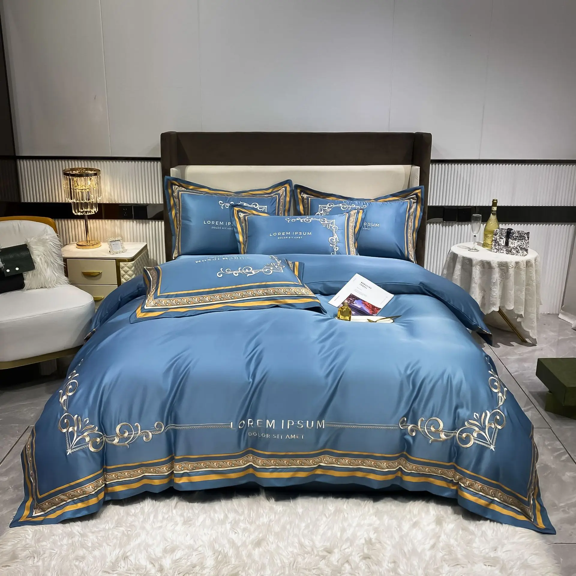 

Simple European Double-sided Washed Silk Four Piece Exquisite Embroidered Duvet Cover Nude Sleeping Silk Smooth Satin Bed Sheet