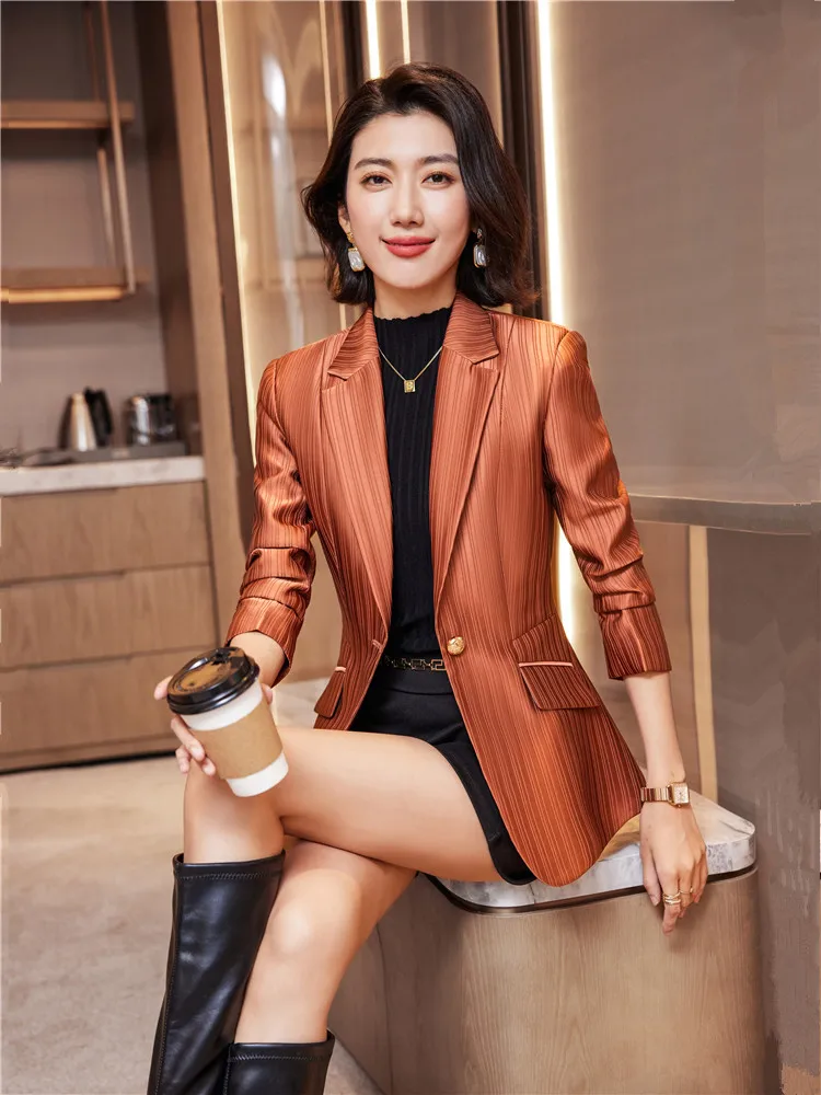 

Blazer Women Luxury Bright Stried Long Sleeve Single Button Golde Elegant Office Ladies Coat Blue New In Formal Suits