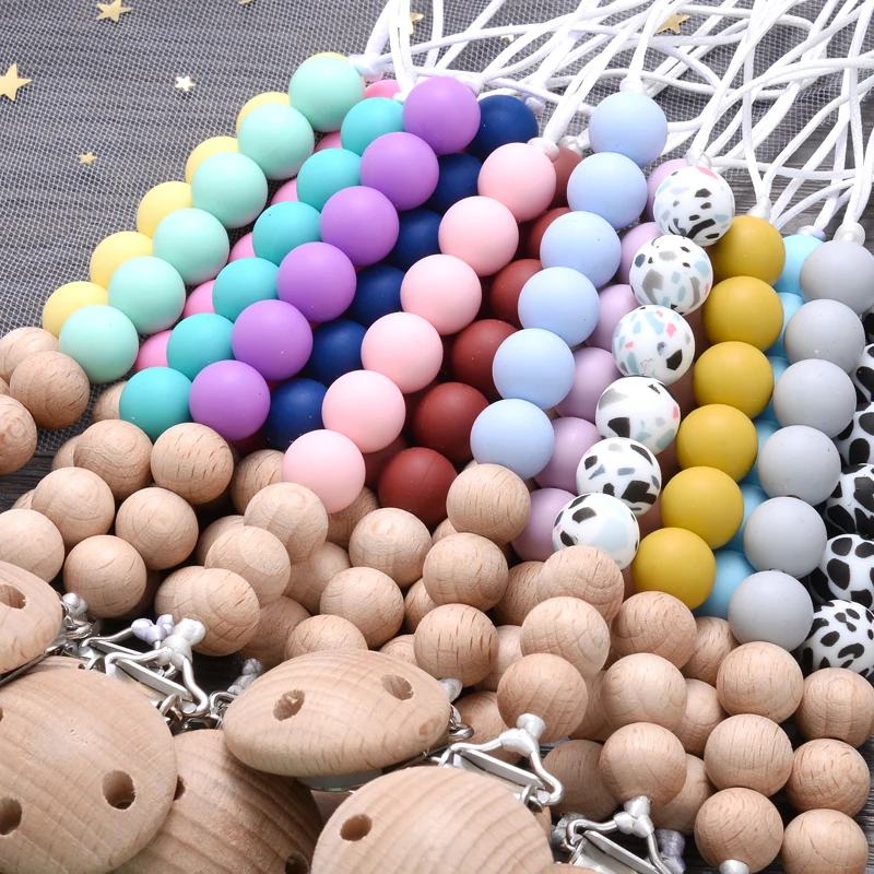 Baby Silicone Pacifier Clips Round Beech Wooden Beads Dummy Holder Clip For Teether Nursing Chew Toys Soothing Nipple Chain