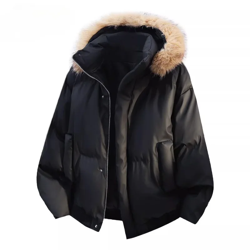 Man Winter Hooded Parkas Jacket Fashion Women Fur Collar Leather Casual Parka Coat Solid Windproof Thick Warm Loose Korean 2025