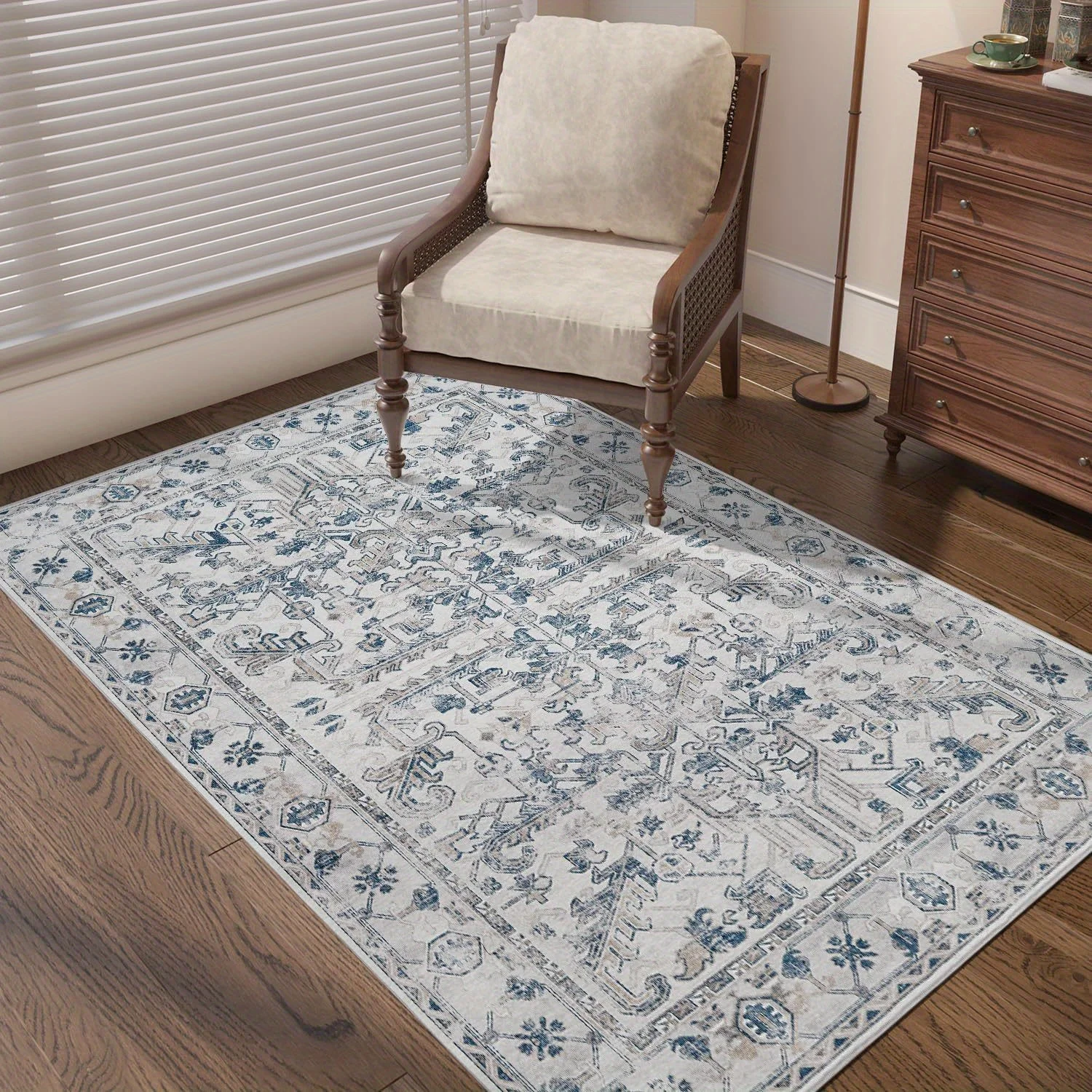 VIKAMA Bohemian Retro Style Carpet Machine Washable Decorative Carpet, Floral Pattern, Thin Indoor Rug non-slip