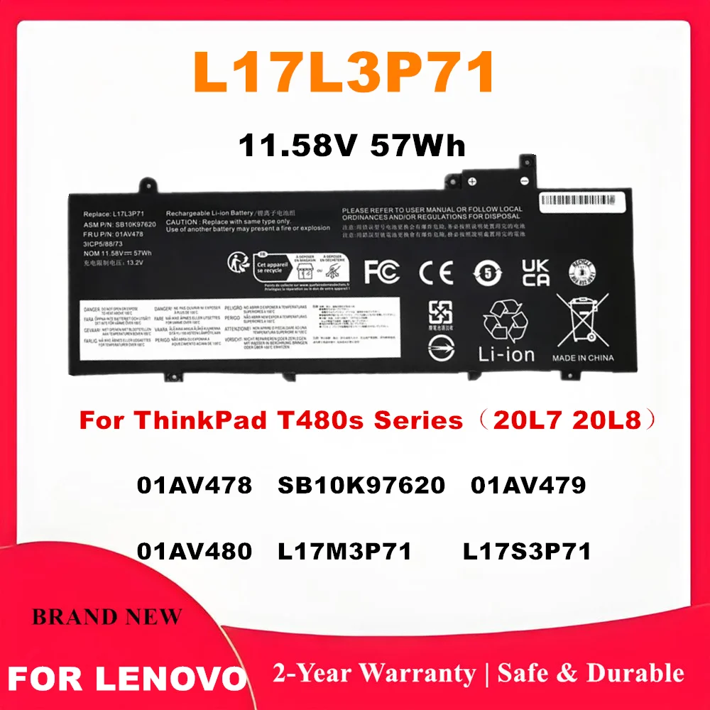 L17L3P71 Laptop Battery For Lenovo ThinkPad T480s L17M3P71 L17M3P72 01AV478 01AV479 01AV480 11.58V 57Wh Notebook Battery