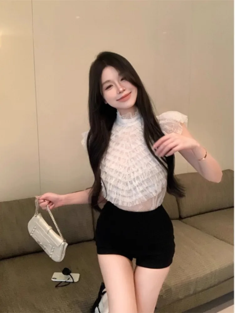 Ezgaga Elegant Shirts Women Mesh Patchwork Lace Ruffles Flying Sleeve Spring Summer Sexy Blouse Slim Chic Fashion Tops Female