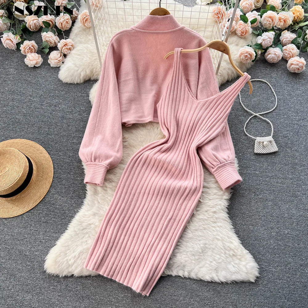 ANSZKTN Autumn and winter knitting suit women\'s short sweater shawl coat+suspender dress two-piece set