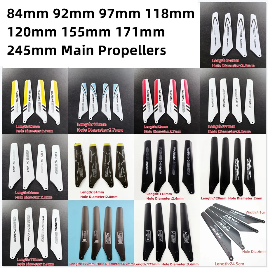 155mm 92mm 97mm 84mm 161mm 245mm 171mm 120mm 118mm A B Main blades Props Propellers For R/C Helicopter Model Toys Spare Parts