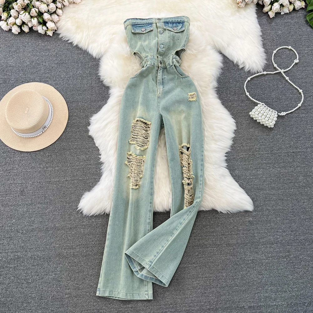 

Women Retro Strapless Jumpsuit Sexy Hollow Out Waist Single Breasted Summer Casual High Waist Slim Holed Denim Wide Leg Jumpsuit