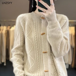 LHZSYY Fall/Winter New 100%Pure Wool Cardigan Women' O-Neck Jacquard Coat Casual Large Size Sweater Warm Knit Top  Female Jacket