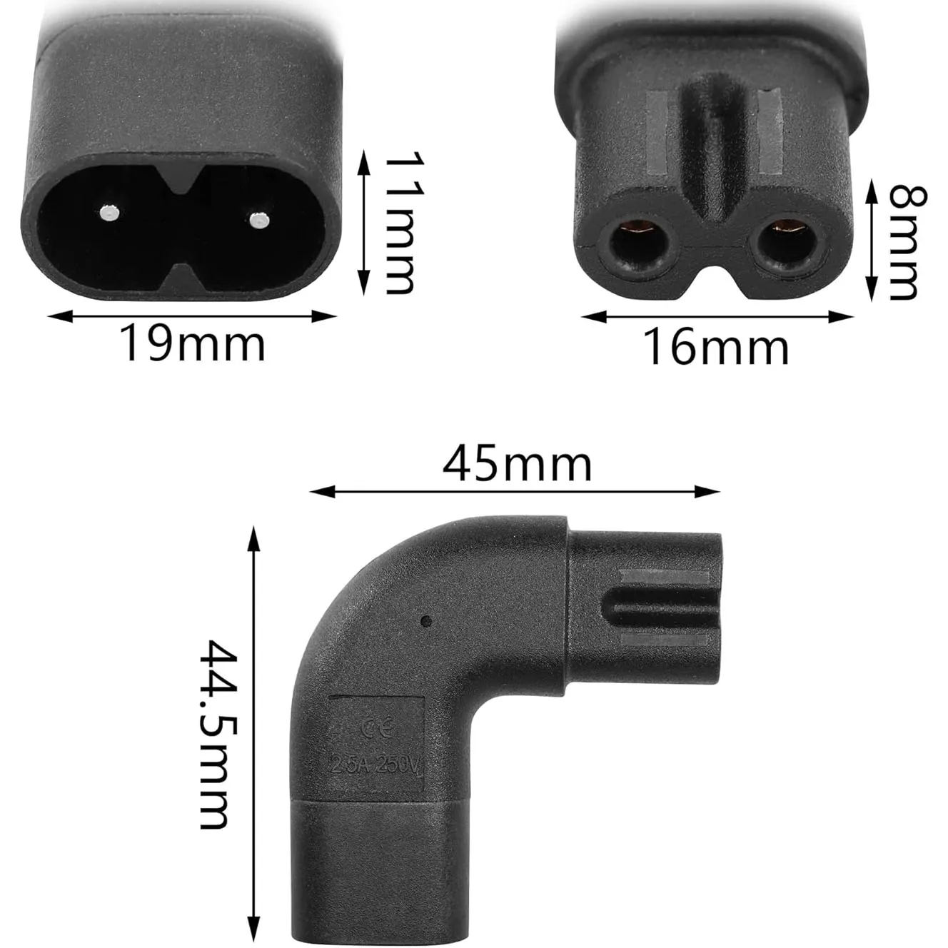 2 قطعة IEC 320 2-Pin C7 أنثى إلى C8 ذكر محول طاقة تيار متردد بزاوية قائمة لأجهزة الكمبيوتر المحمول ووحدة التحكم في الألعاب والتلفزيون والإلكترونيات الصغيرة