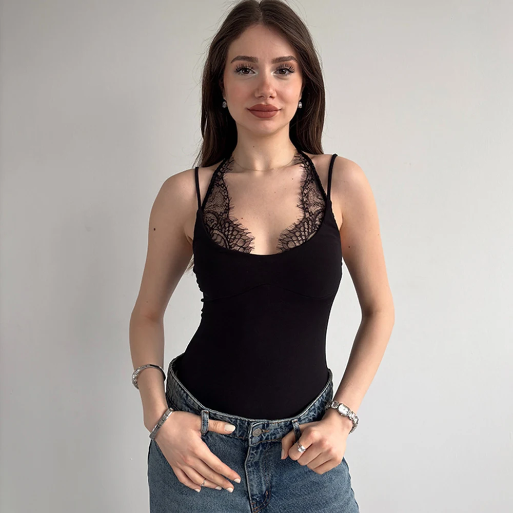 

Ticketsx Women's Lace Patchwork Jumpsuit Sexy Summer Lace Up Sleeveless Slim Playsuits Fashion New Streetwear Vacation Bodysuits