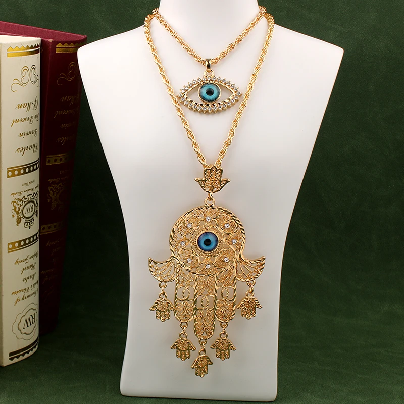 Herseygold Fatima Hand Pendant with Turkish Evil Eye Zinc Alloy Plated Gold Necklace for Women Muslim Ethnic Women Jewelry