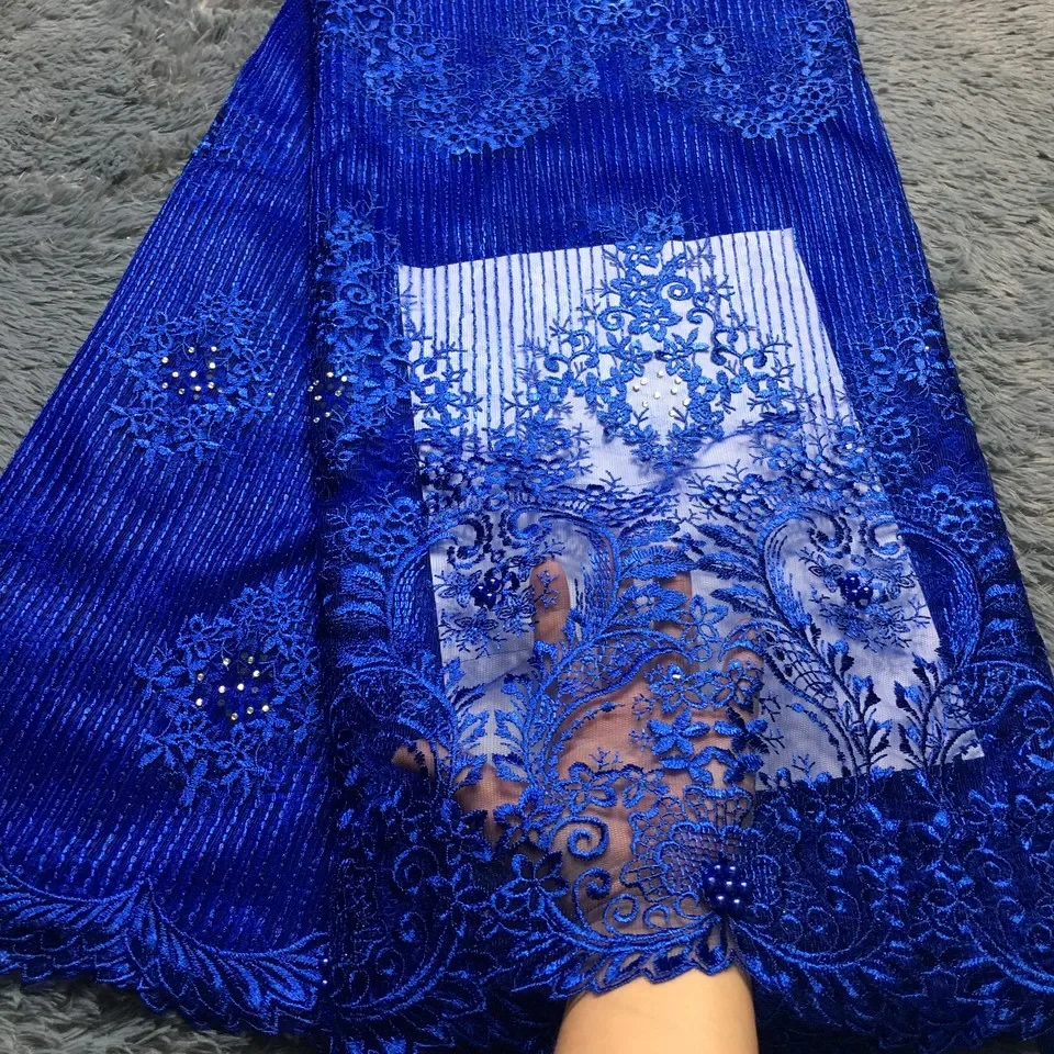 Royal Blue African Lace Fabric 2024 Embroidered Nigerian Beaded Laces Fabric High Quality French Tulle Lace Fabric for Women M22