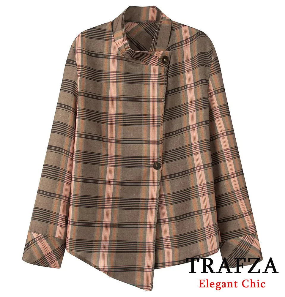 

TRAFZA винтажная повседневная клетчатая куртка-рубашка, женская свободная рубашка на пуговицах, пальто, весна-осень 2021, модные простые женские рубашки для поездок на работу