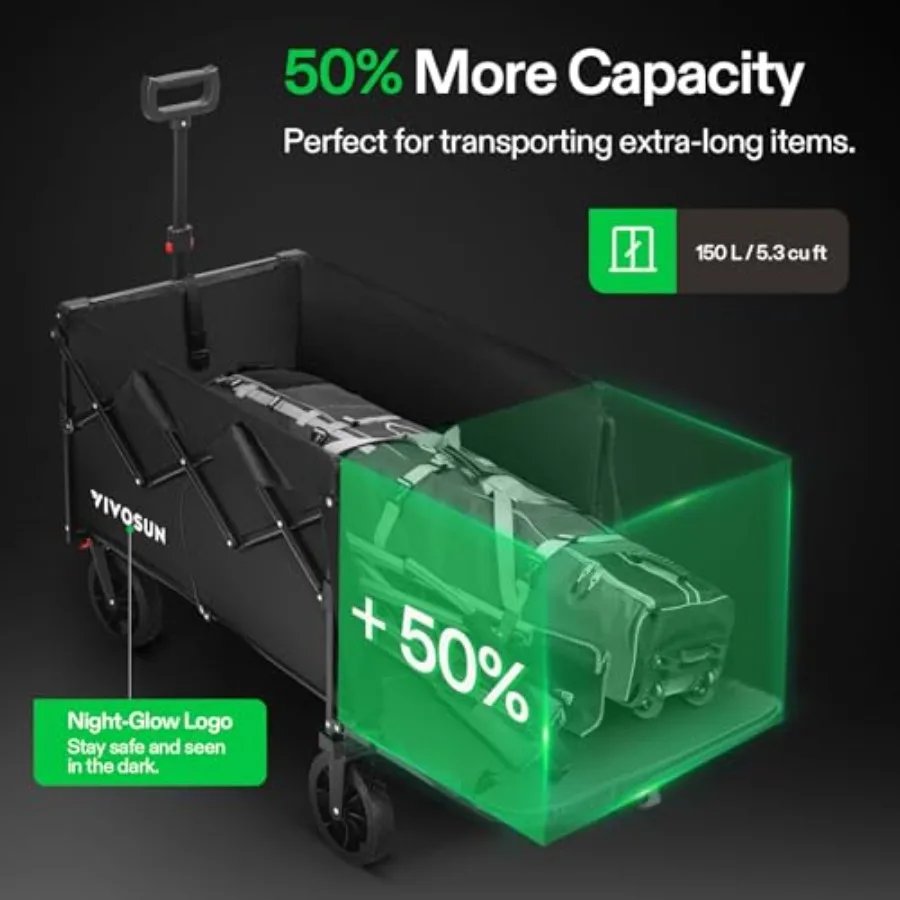 Wagon pliable avec hayon, capacité de 320lb, utilitaire d'extérieur avec roues tout-Terrain, porte-gobelets à poignée réglable pour le camping